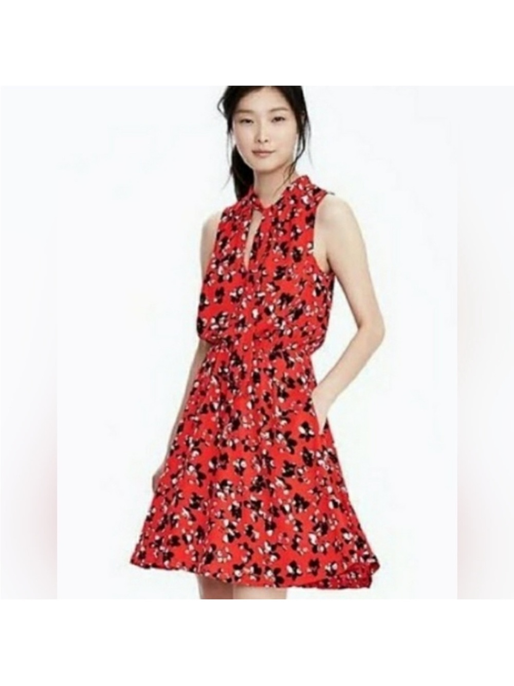 Banana Republic - Red Floral Sleeveless Tie-Neck Dress - size S
